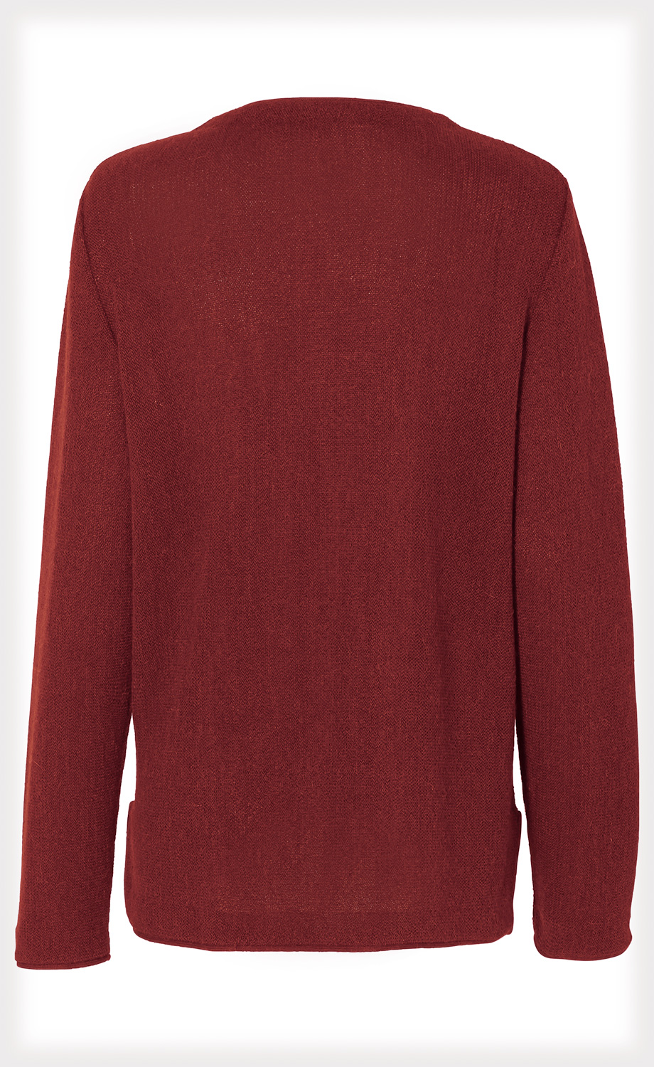 rote Alpaka-Strickjacke mit langer Ärmel, schlichte Rückansicht ohne Muster oder Verzierungen, feine Strickstruktur, leicht taillierte Form, weicher, warmer Stoff