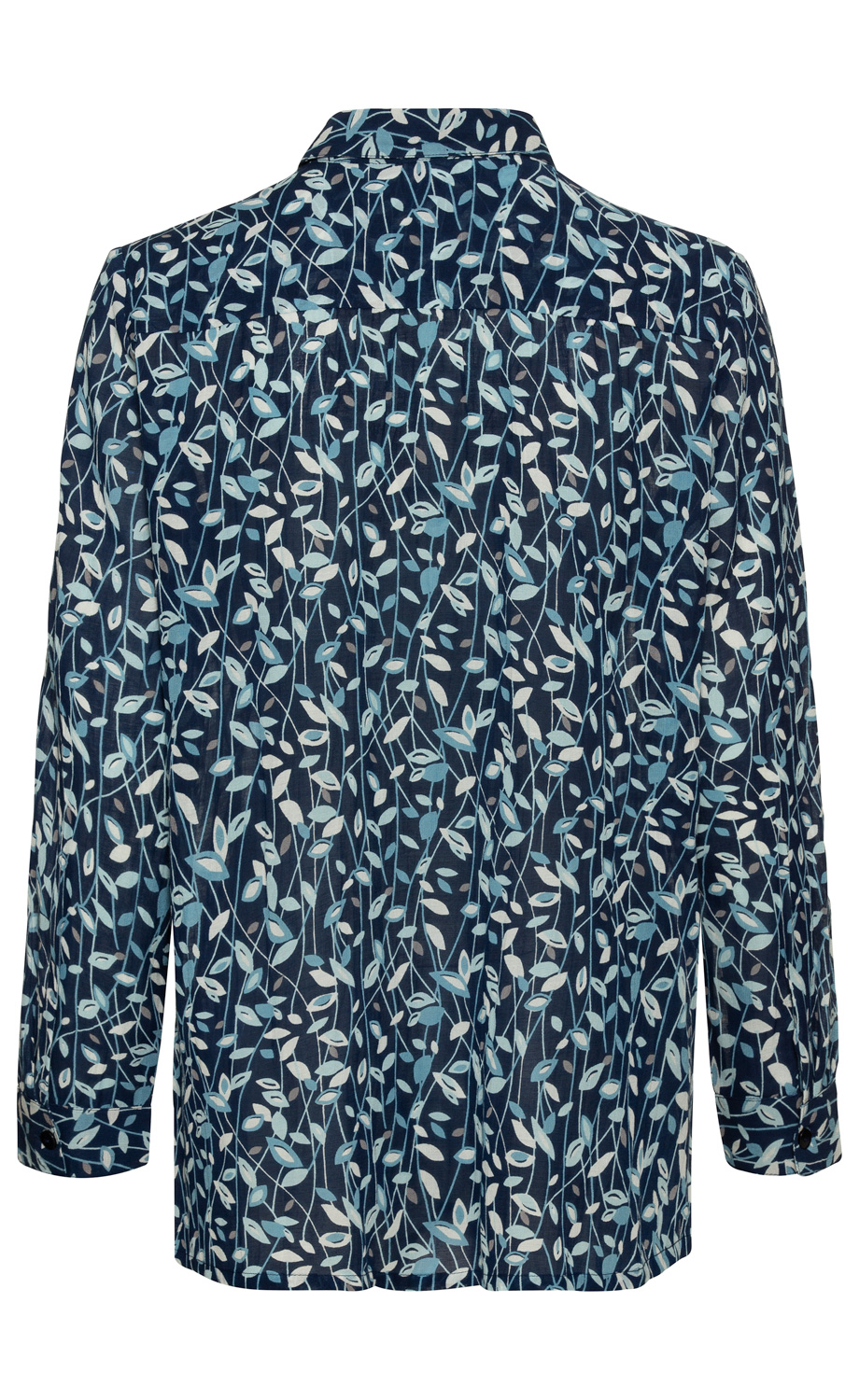 Rückansicht einer Viskose-Mix-Bluse mit langem Arm, dunkelblauem Grund und hellblau-weißem Blattmuster, Hemdkragen und geknöpften Manschetten.