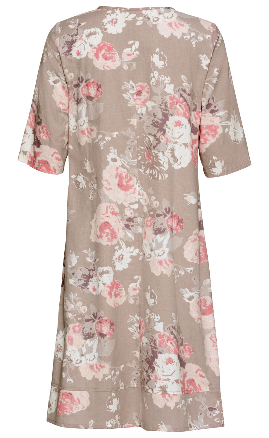 Baumwoll-Mix-Kleid in Beige mit floralen Mustern in Rosa, Weiß und Braun, mittellang, halblange Ärmel, Rückansicht, legere Passform