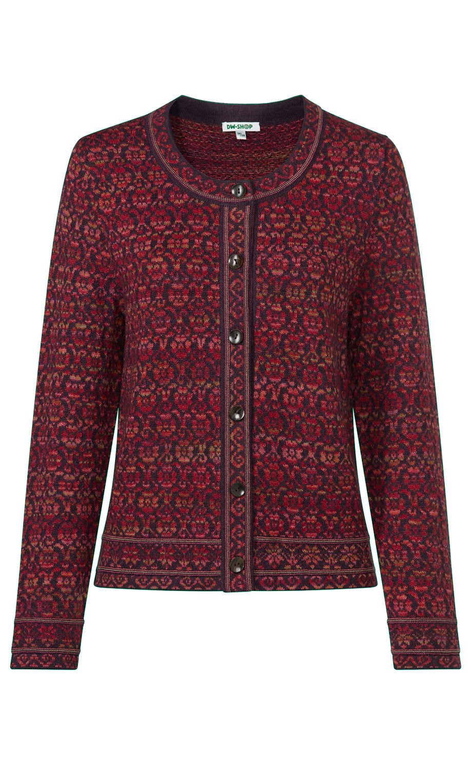 Damen Strickjacke aus Alpaka mit rundem Ausschnitt, Knopfleiste vorne und floralem, multicolor Muster in Rot- und Brauntönen, lange Ärmel, taillierte Form
