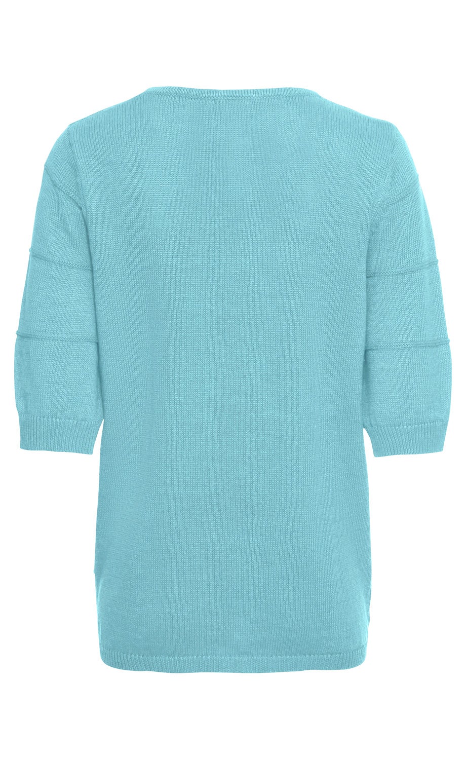 Leinen-Mix-Pullover in hellblau, Rückansicht, kurzärmlig, gerader Schnitt, feine Strickstruktur, Rundhalsausschnitt, Ärmel mit dezenten Querstreifen, elastischer Bundabschluss