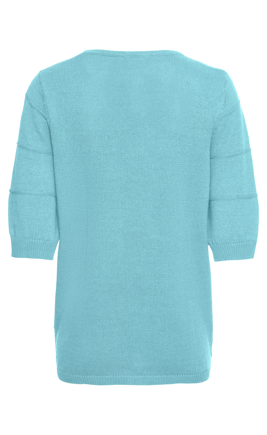 Leinen-Mix-Pullover in hellblau, Rückansicht, kurzärmlig, gerader Schnitt, feine Strickstruktur, Rundhalsausschnitt, Ärmel mit dezenten Querstreifen, elastischer Bundabschluss