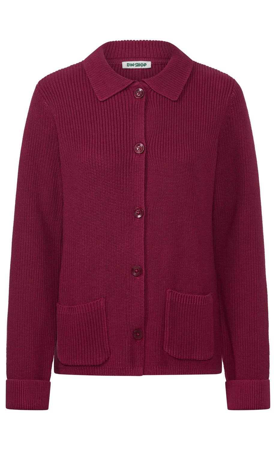 weinroter, gestrickter Cardigan mit Kragen, Knopfleiste und zwei aufgesetzten Taschen, langärmlig, gerippte Bündchen am Ärmelabschluss, mittellang, klare Form ohne Muster
