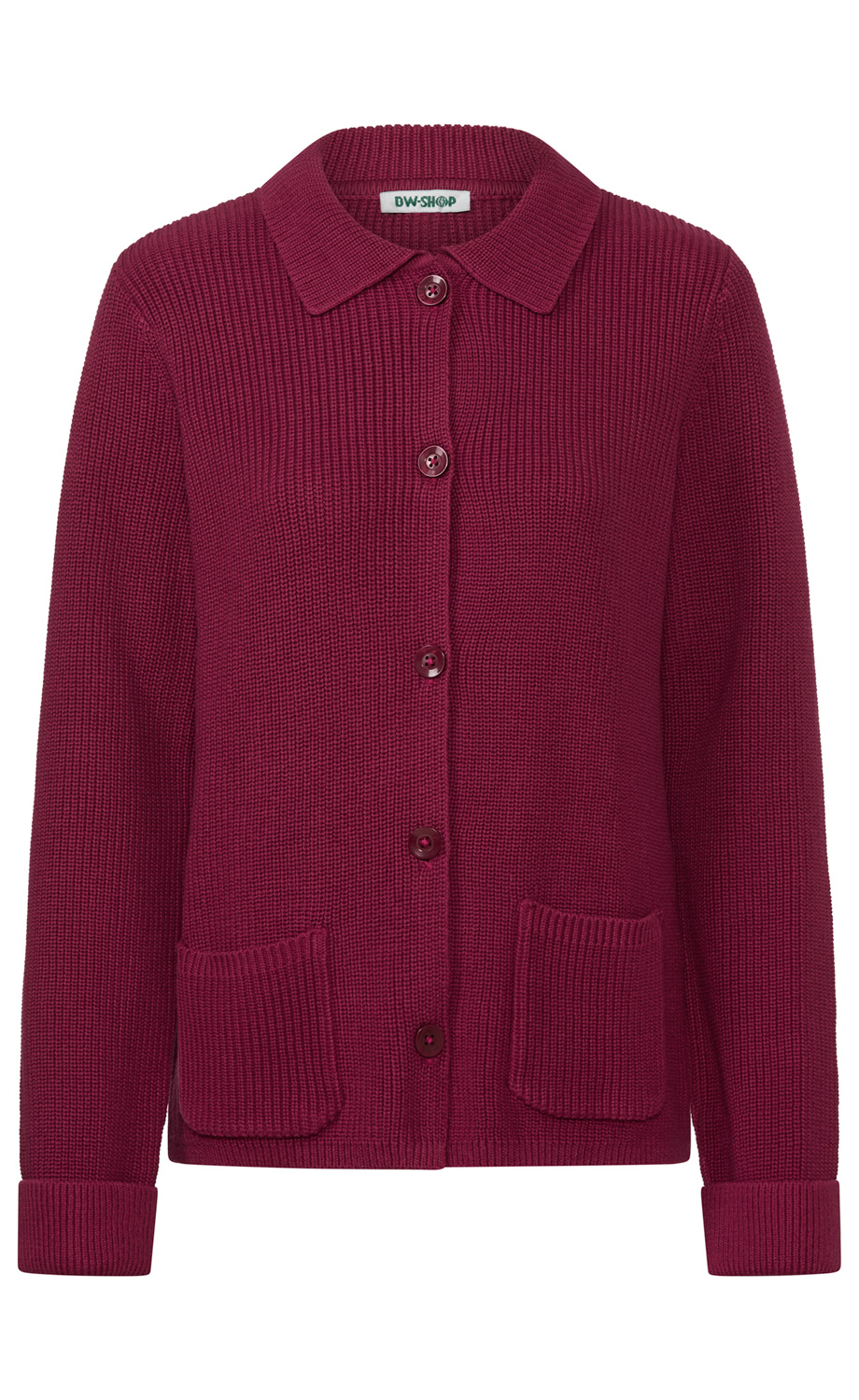 weinroter, gestrickter Cardigan mit Kragen, Knopfleiste und zwei aufgesetzten Taschen, langärmlig, gerippte Bündchen am Ärmelabschluss, mittellang, klare Form ohne Muster