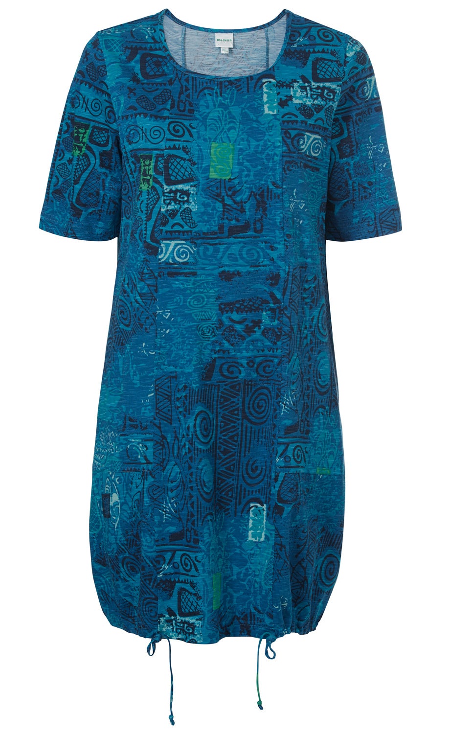 Baumwoll-Kleid in Blau mit schwarzen und grünen abstrakten Mustern, Rundhalsausschnitt, kurzen Ärmeln, geradem Schnitt und Kordelzügen am Saum zum Verstellen der Weite