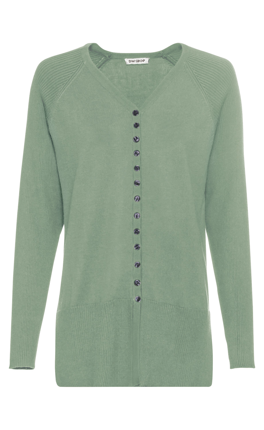 Baumwoll-Mix-Pullover in Salbeigrün mit V-Ausschnitt, langen Ärmeln, gerippten Ärmeln und Saum, durchgehender Knopfleiste mit schwarzen Knöpfen, schlichtes Design