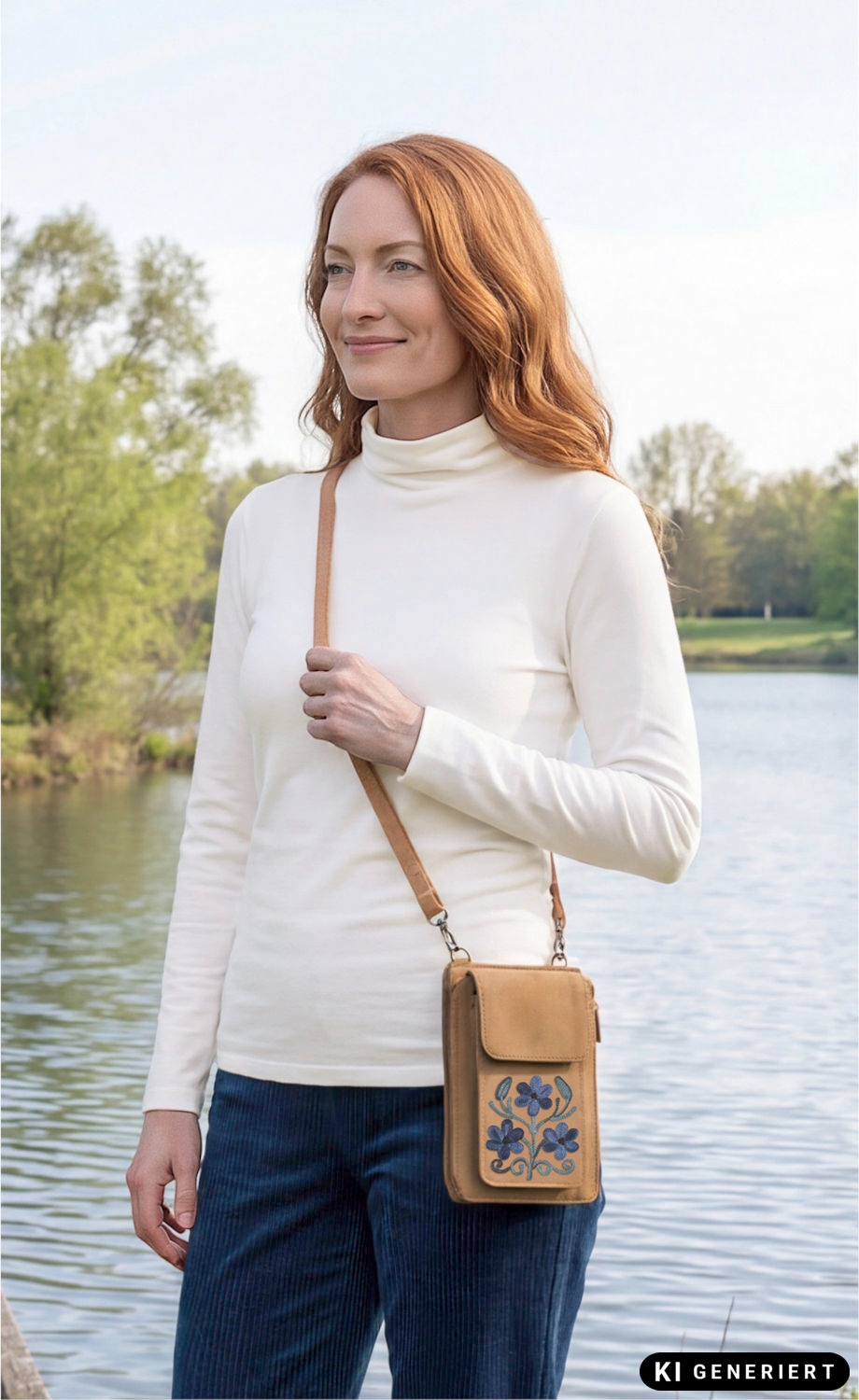Frau mit roten Haaren trägt weiße Rollkragenbluse und blaue Cordhose, hält beige Leder-Handytasche mit blauer Blumenstickerei vor einem See mit grünem Ufer