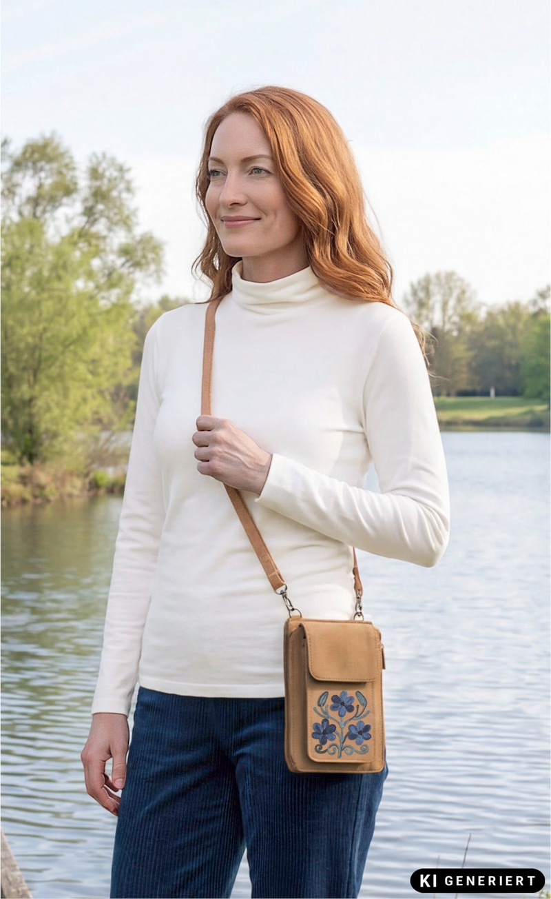 Frau mit roten Haaren trägt weiße Rollkragenbluse und blaue Cordhose, hält beige Leder-Handytasche mit blauer Blumenstickerei vor einem See mit grünem Ufer