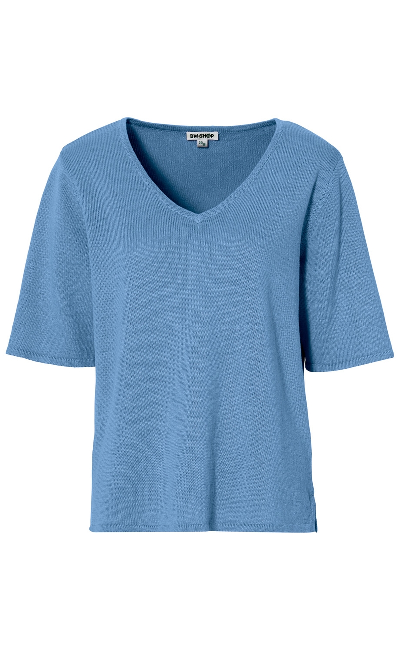 Leinen-Mix-Pullover in Hellblau mit V-Ausschnitt, kurzen Ärmeln und geradem Saum, fein gestrickt, locker geschnitten, geeignet für den Sommer