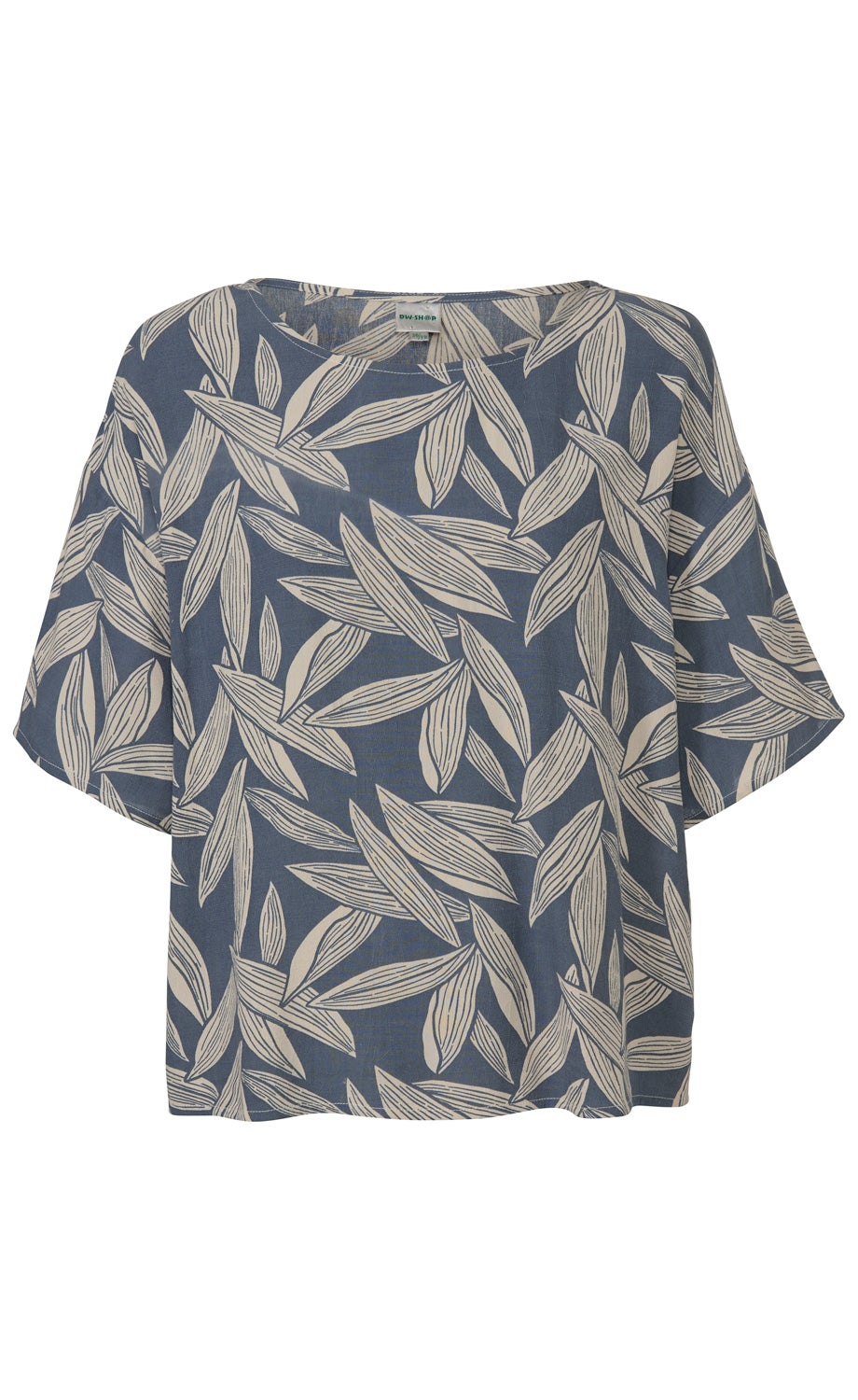 blaue Viskose-Bluse mit weißem Blättermuster, lockerer Schnitt, kurze Ärmel, Rundhalsausschnitt, legere Passform