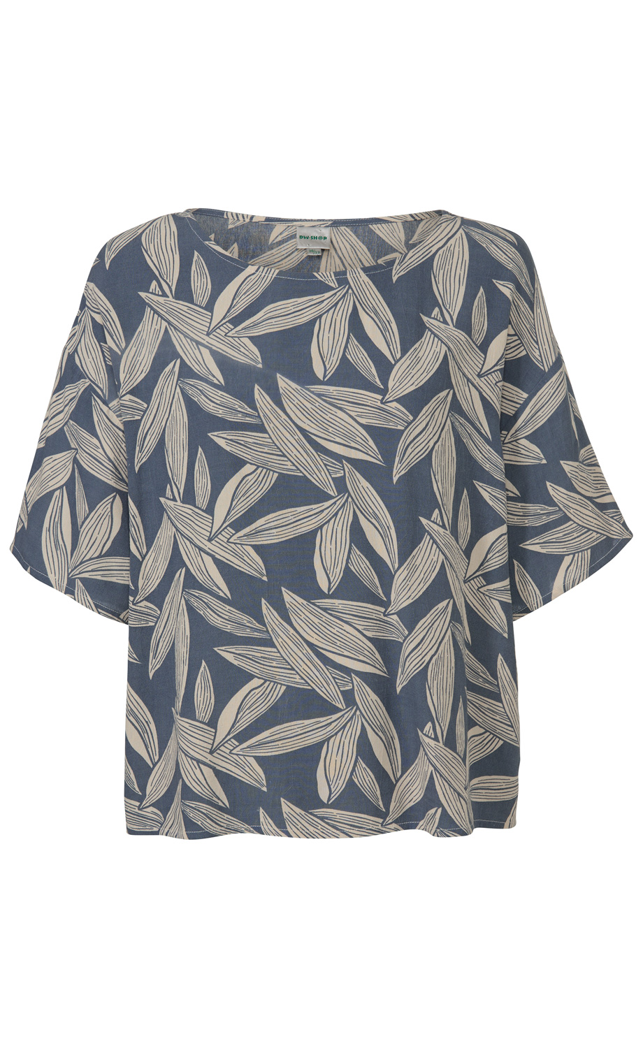 blaue Viskose-Bluse mit weißem Blättermuster, lockerer Schnitt, kurze Ärmel, Rundhalsausschnitt, legere Passform