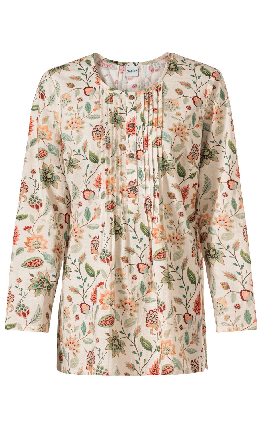 Baumwoll-Bluse mit langem Arm, cremefarbenem Grund, floralem Muster in Grün, Orange und Rot, Rundhals, Knopfleiste vorne mit kleinen Holzknöpfen, leichte Falten im Brustbereich