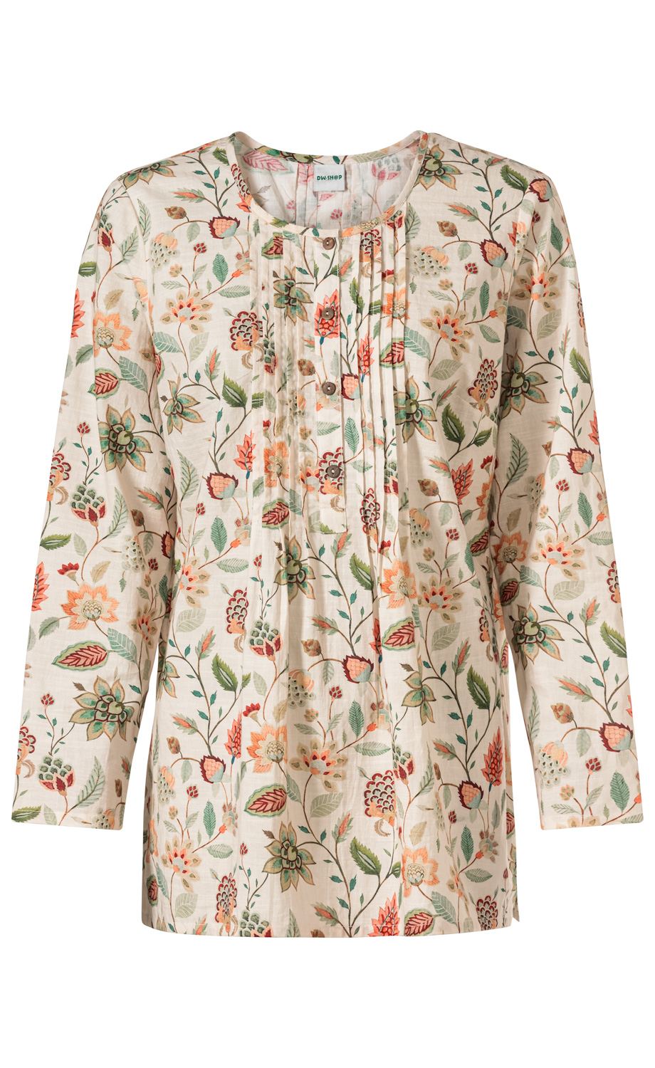 Baumwoll-Bluse mit langem Arm, cremefarbenem Grund, floralem Muster in Grün, Orange und Rot, Rundhals, Knopfleiste vorne mit kleinen Holzknöpfen, leichte Falten im Brustbereich