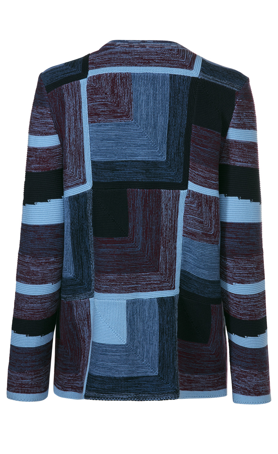 Baumwoll-Strickjacke von hinten, mit langem Ärmel, kariertem Muster in Dunkelblau, Hellblau, Schwarz und Bordeaux, grob gestrickt, gerade geschnitten, ohne Kragen, mit eingefassten Kanten, modernes Design