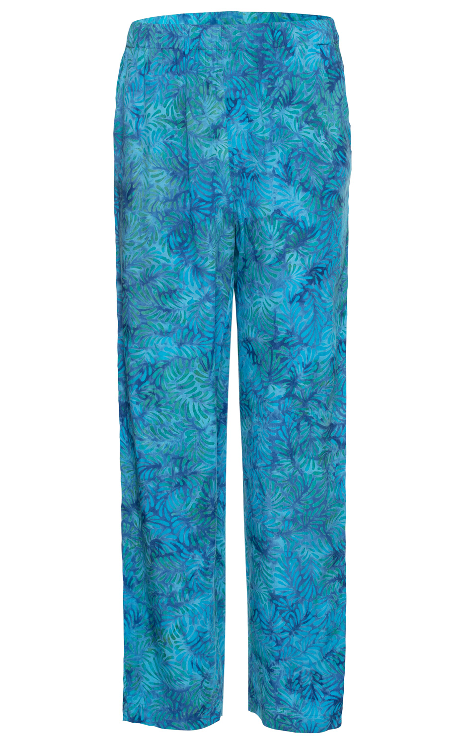 blaue Viskose-Hose mit weitem Bein, durchgehend mit dunkelblau-grünen Blattmustern bedruckt, elastischer Bund, lässiger Schnitt