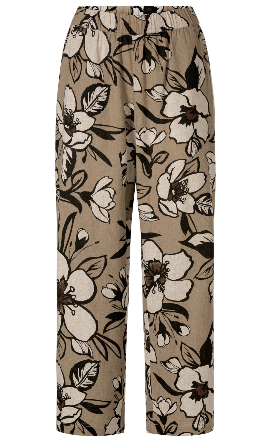 Beige Viskose-Mix-Hose mit weitem Schnitt und elastischem Bund, großer schwarzer und weißer Blumenprint, braune Details, gerade geschnittene Beine, leichte Sommerhose