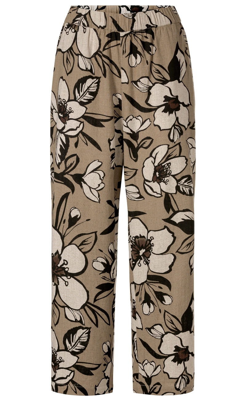 Beige Viskose-Mix-Hose mit weitem Schnitt und elastischem Bund, großer schwarzer und weißer Blumenprint, braune Details, gerade geschnittene Beine, leichte Sommerhose