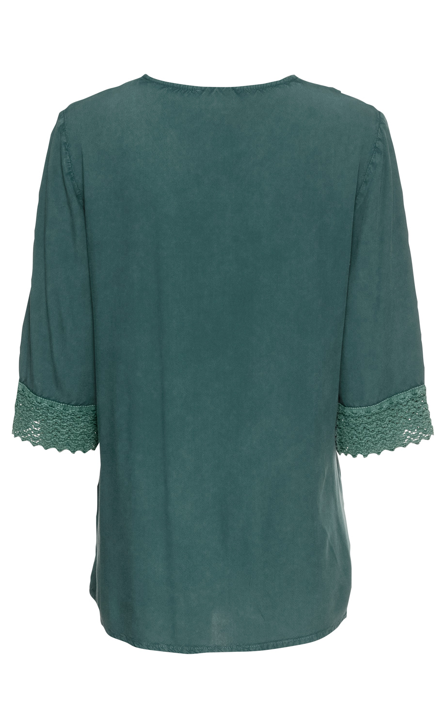 Dunkelgrüne Viskose-Bluse mit 3/4-langen Ärmeln, Rückenansicht, Saum gerade, Ärmelenden mit gehäkelter Spitzenborte in gleicher Farbe, schlicht und elegant, locker fallend