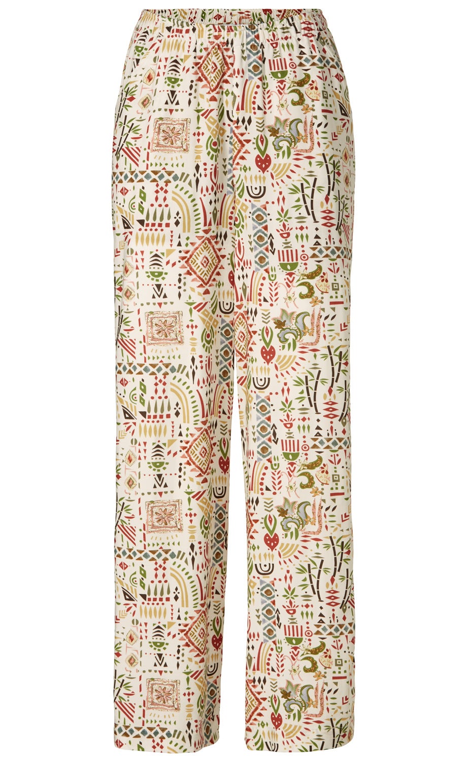 Viskose-Hose mit elastischem Bund, gerade geschnitten, weiße Grundfarbe mit buntem, abstraktem Muster in Rot, Grün, Beige und Blau, locker fallend, leichte Stoffstruktur, ohne Taschen oder sichtbare Verschlüsse