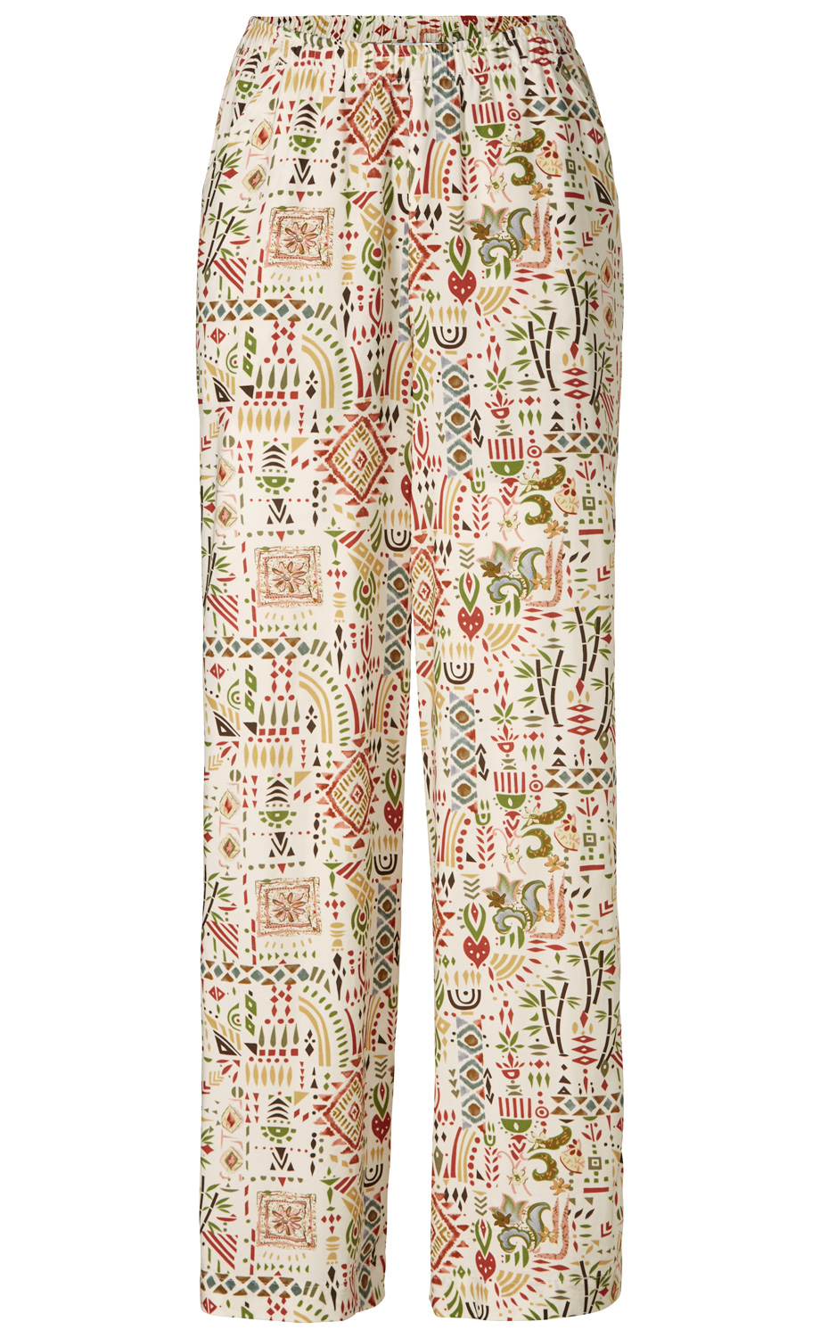 Viskose-Hose mit elastischem Bund, gerade geschnitten, weiße Grundfarbe mit buntem, abstraktem Muster in Rot, Grün, Beige und Blau, locker fallend, leichte Stoffstruktur, ohne Taschen oder sichtbare Verschlüsse