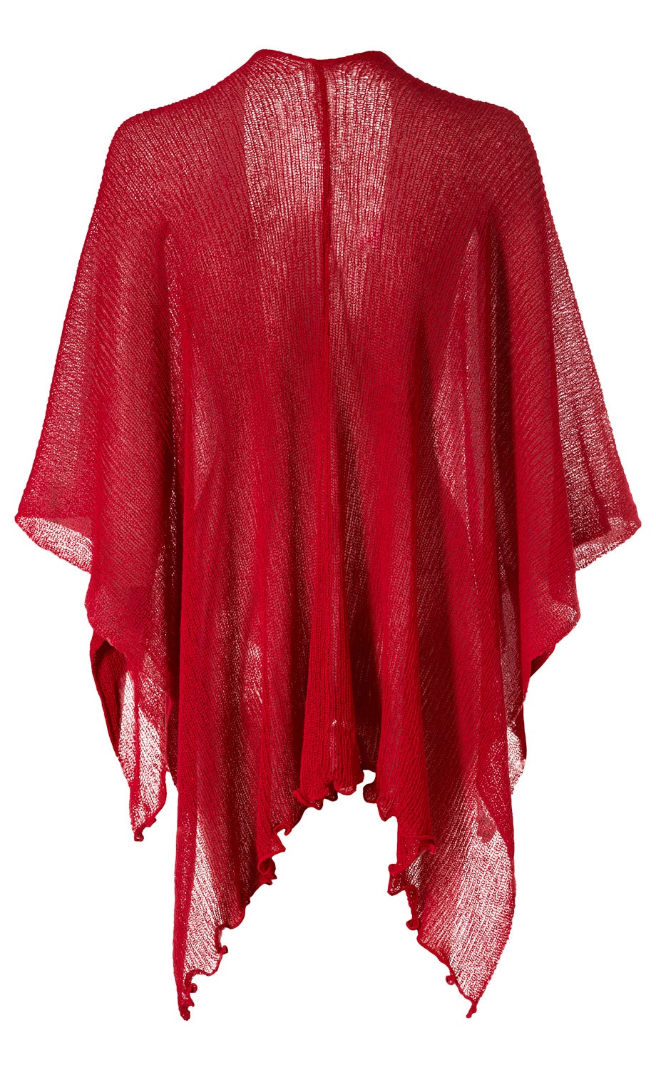 rote, transparente Viskose-Stola mit losem Strickmuster und unregelmäßigem, gewelltem Saum, freier Fall, ohne sichtbare Veredelungen oder Muster, Rückansicht auf weißem Hintergrund