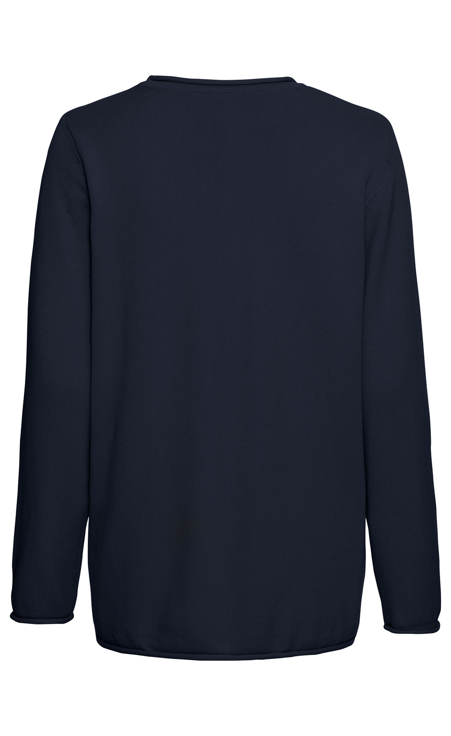 Rückansicht eines dunkelblauen Baumwoll-Pullovers mit langem Arm und rundem Ausschnitt, ohne Muster oder Aufdruck, glatter Stoff mit leicht sichtbarer Struktur, schlichtes Design, elastischer Bund am Saum und an den Ärmelenden
