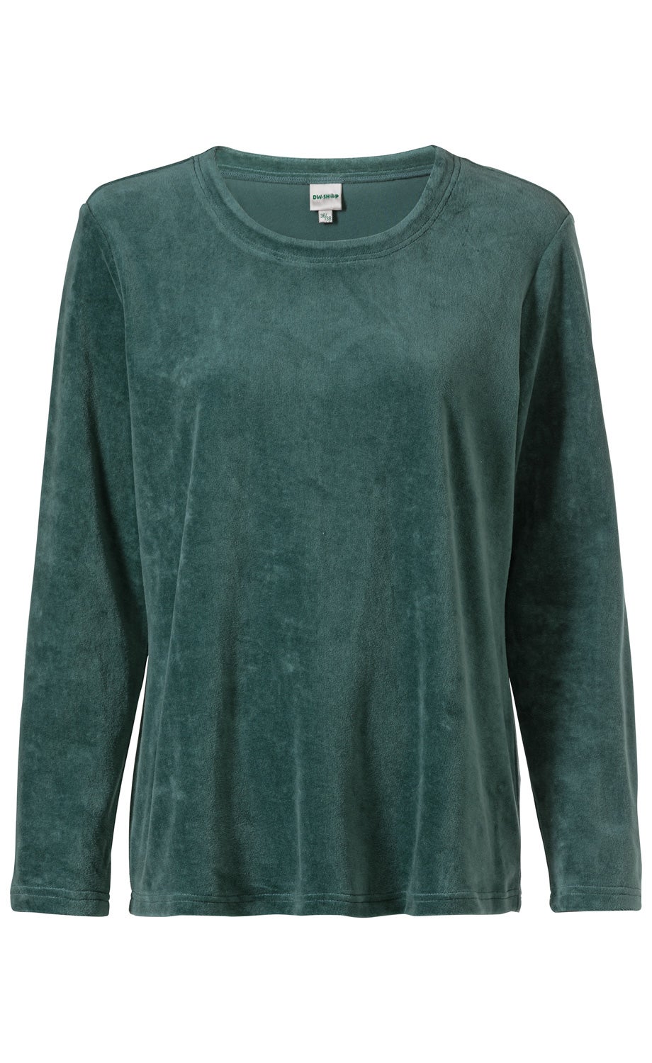Baumwoll-Shirt in dunkelgrün, langärmlig, rundhalsausschnitt, samtige Oberfläche, schlichtes Design, gerade geschnitten
