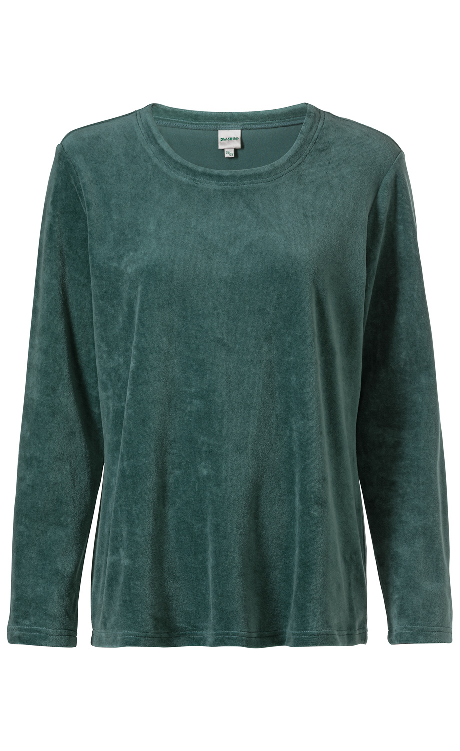 Baumwoll-Shirt in dunkelgrün, langärmlig, rundhalsausschnitt, samtige Oberfläche, schlichtes Design, gerade geschnitten