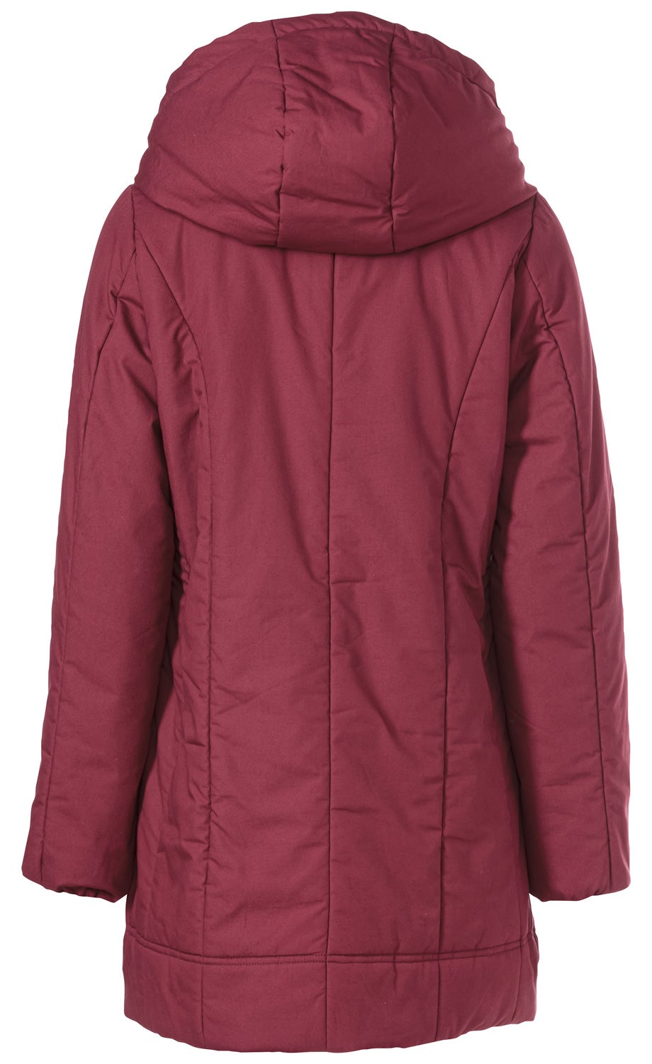 Rückansicht einer roten, gesteppte Baumwoll-Jacke mit Kapuze, lange Ärmel, mittellang, leicht tailliert, ohne sichtbare Verschlüsse oder Verzierungen, glatte Oberfläche.