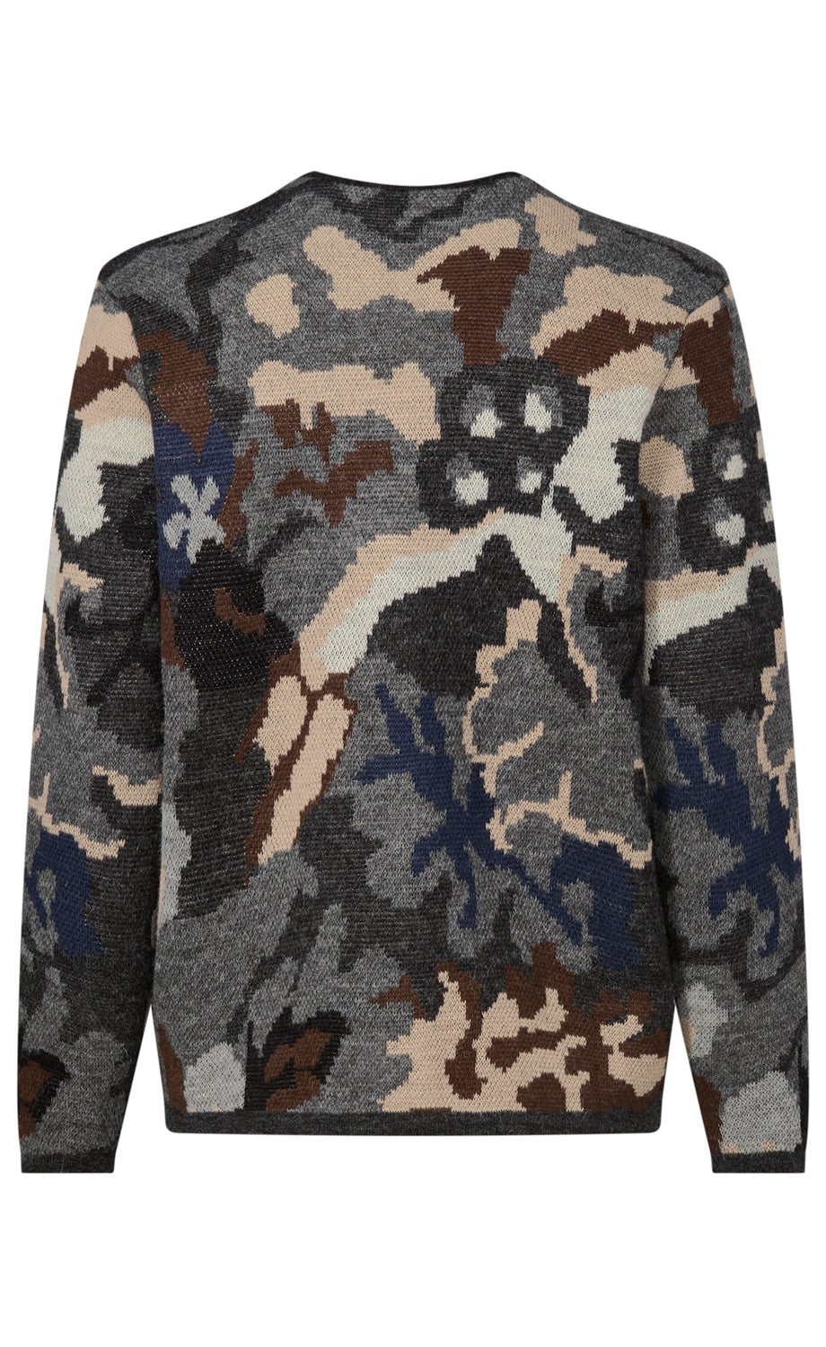 Rückansicht eines langärmeligen Strickpullovers mit abstraktem Camouflage-Muster in Grau, Beige, Braun, Schwarz und Blau.