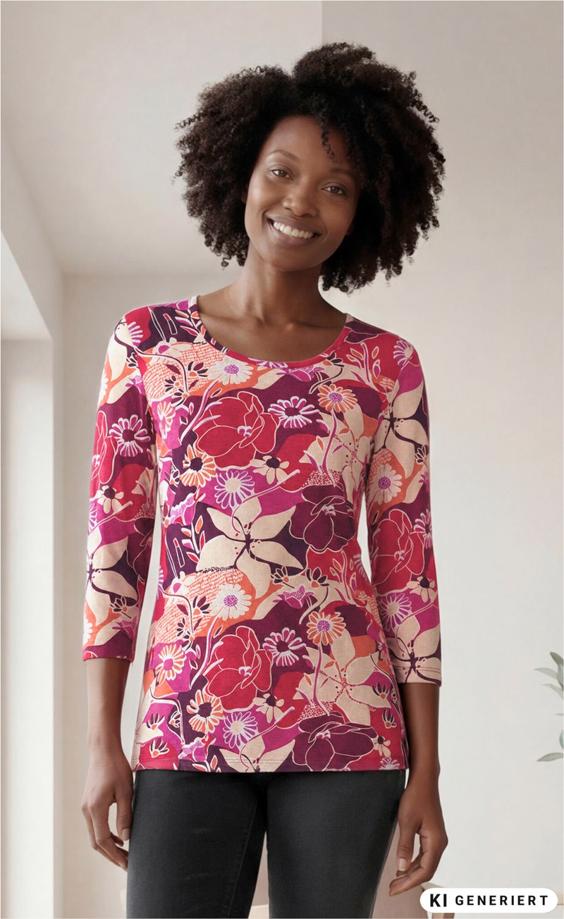 Frau trägt eng anliegendes Viskose-Shirt mit buntem floralen Muster in Rot-, Pink- und Beigetönen, Rundhalsausschnitt und dreiviertellangen Ärmeln, dazu schwarze Hose, stehender Innenraum mit hellem Hintergrund