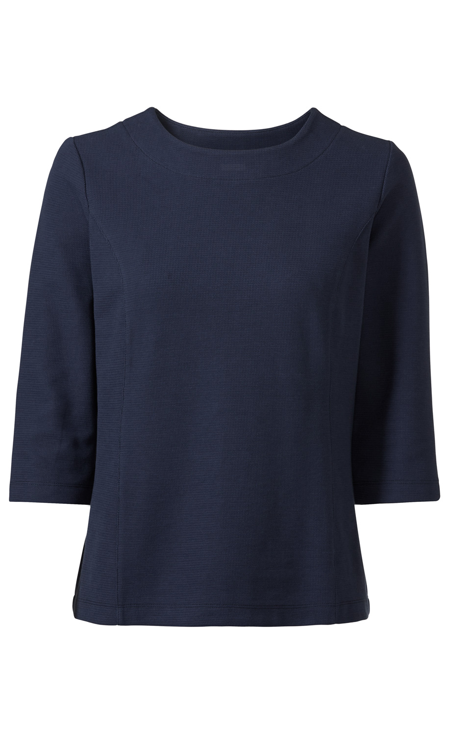 dunkelblaues Baumwoll-Shirt mit dreiviertellangen Ärmeln und rundem Ausschnitt, schlichte und gerade geschnittene Passform, ohne Muster oder Applikationen, glatte textile Oberfläche