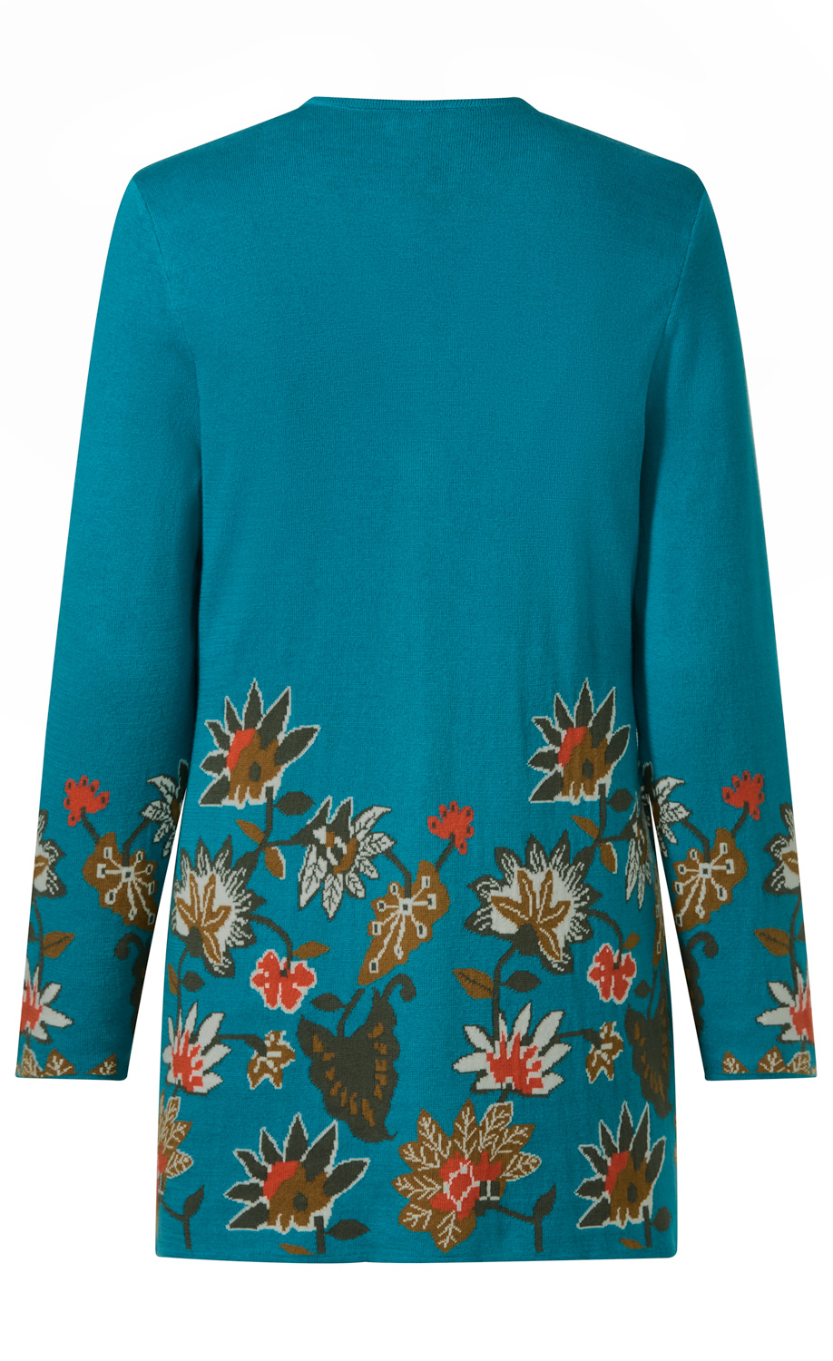 Baumwoll-Strickjacke in Türkis, Rückansicht, langärmlig, mit floralem Muster in Braun, Weiß, Rot und Grün am unteren Rand und an den Ärmeln, locker geschnitten, ohne Kragen.