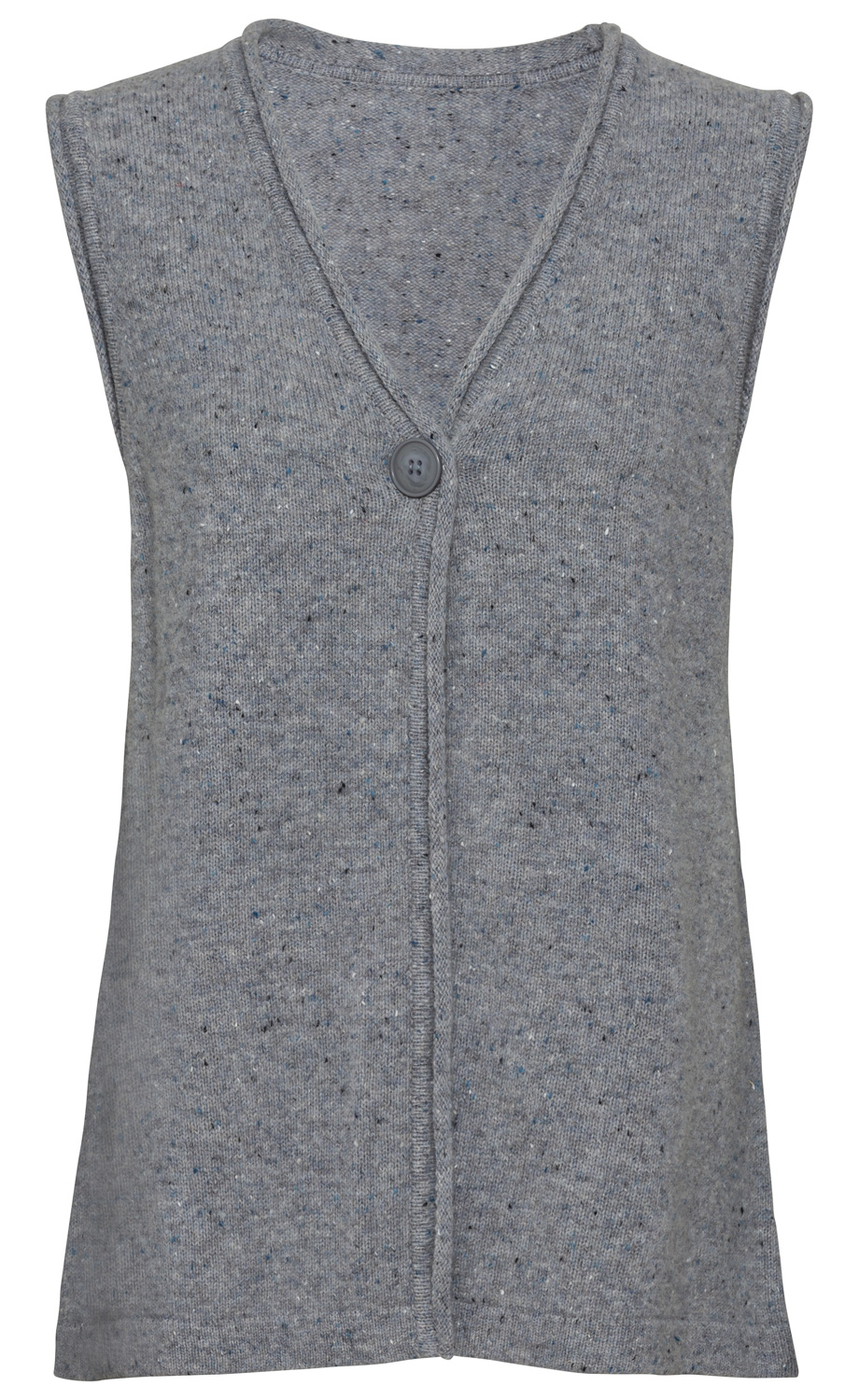 graue Yak-Mix-Weste aus grob gestricktem Material mit V-Ausschnitt, ohne Ärmel, einfarbig mit feinen dunklen und blauen Sprenkeln, mittig ein grauer Knopf als Verschluss, gerade geschnitten
