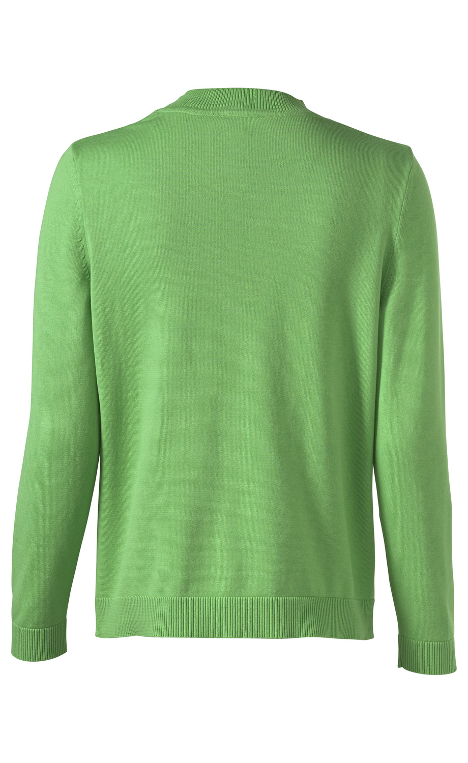 Baumwoll-Pullover in Hellgrün, Rückansicht, langärmlig, Rundhalsausschnitt, gerippte Bündchen an Ärmeln und Saum, einfarbig, schlichtes Design