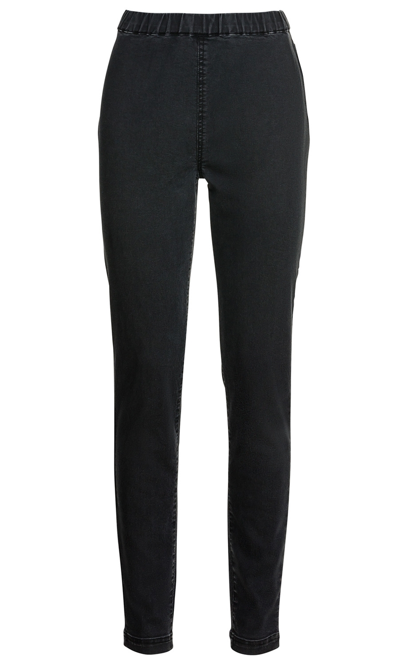 Schwarze Baumwoll-Mix-Hose mit engem Schnitt, elastischem Bund, ohne Taschen, glatter Vorderseite, normale Länge, für Damen.
