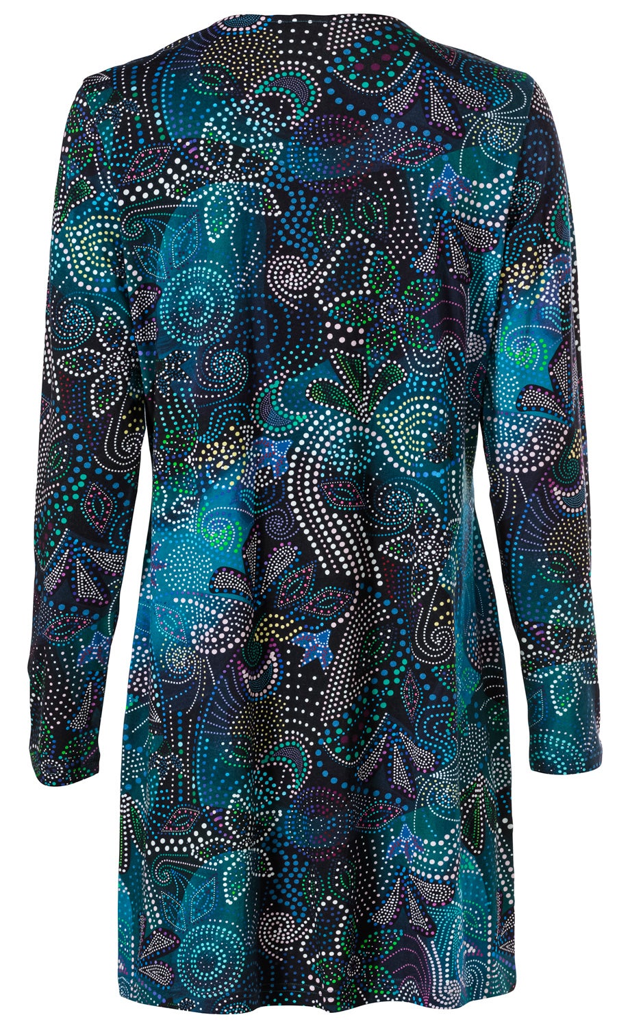 Baumwoll-Mix-Shirt mit langem Arm, dunkelblauem Grund, abstraktem Paisley-Muster aus bunten Punkten in Weiß, Blau, Grün, Lila und Gelb, tailliert, hinten gesehen