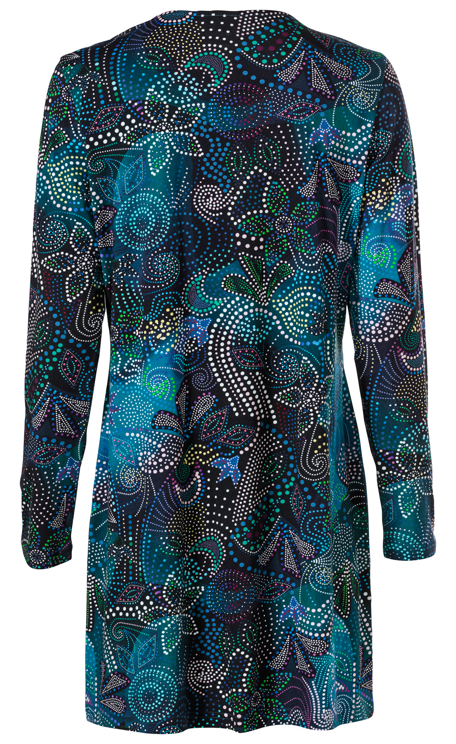 Baumwoll-Mix-Shirt mit langem Arm, dunkelblauem Grund, abstraktem Paisley-Muster aus bunten Punkten in Weiß, Blau, Grün, Lila und Gelb, tailliert, hinten gesehen