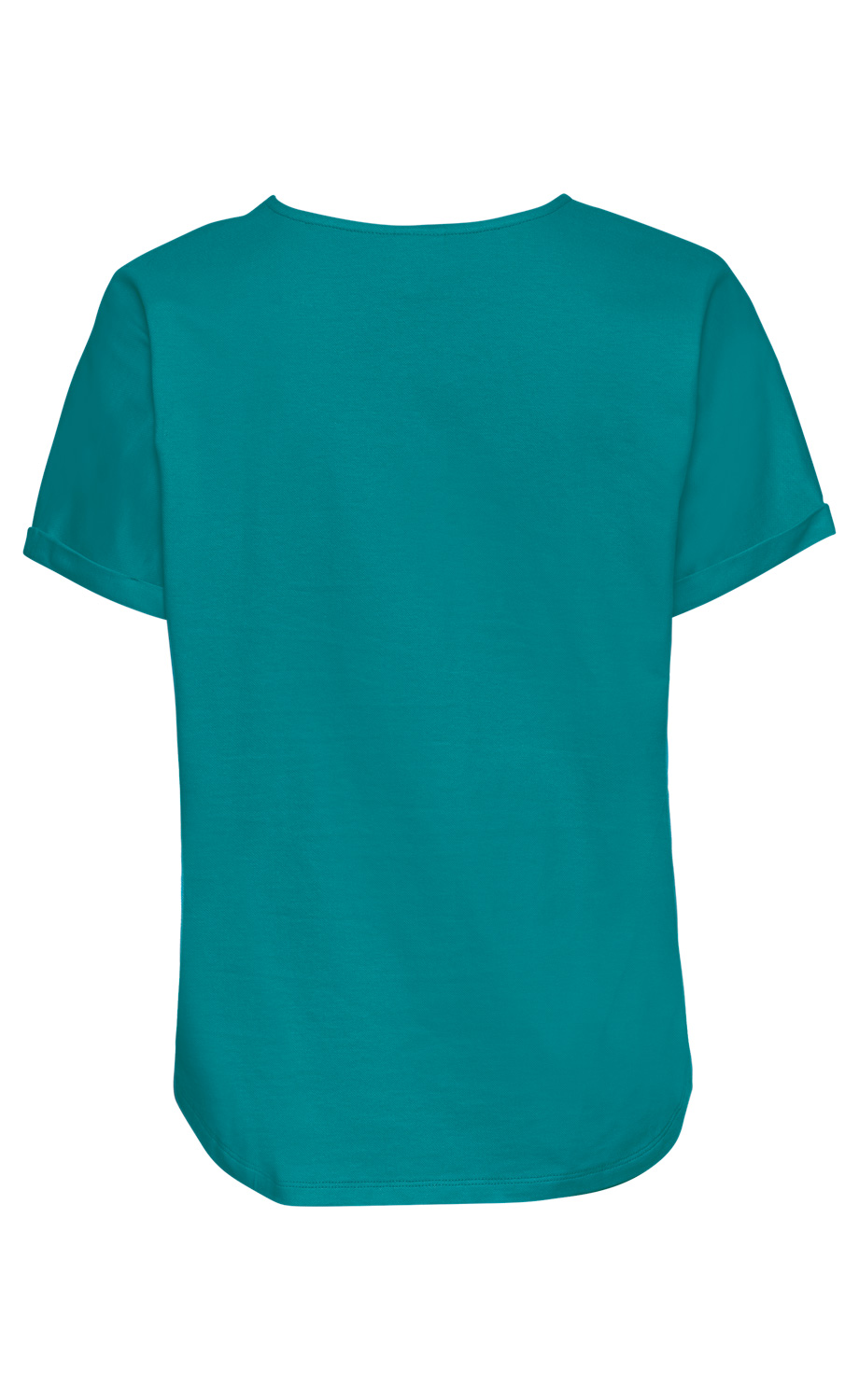 Baumwoll-Shirt in türkis, Rückansicht, kurzärmlig mit umgeschlagenen Ärmeln, Rundhalsausschnitt, gerader Schnitt, schlichte Oberfläche ohne Muster oder Verzierungen