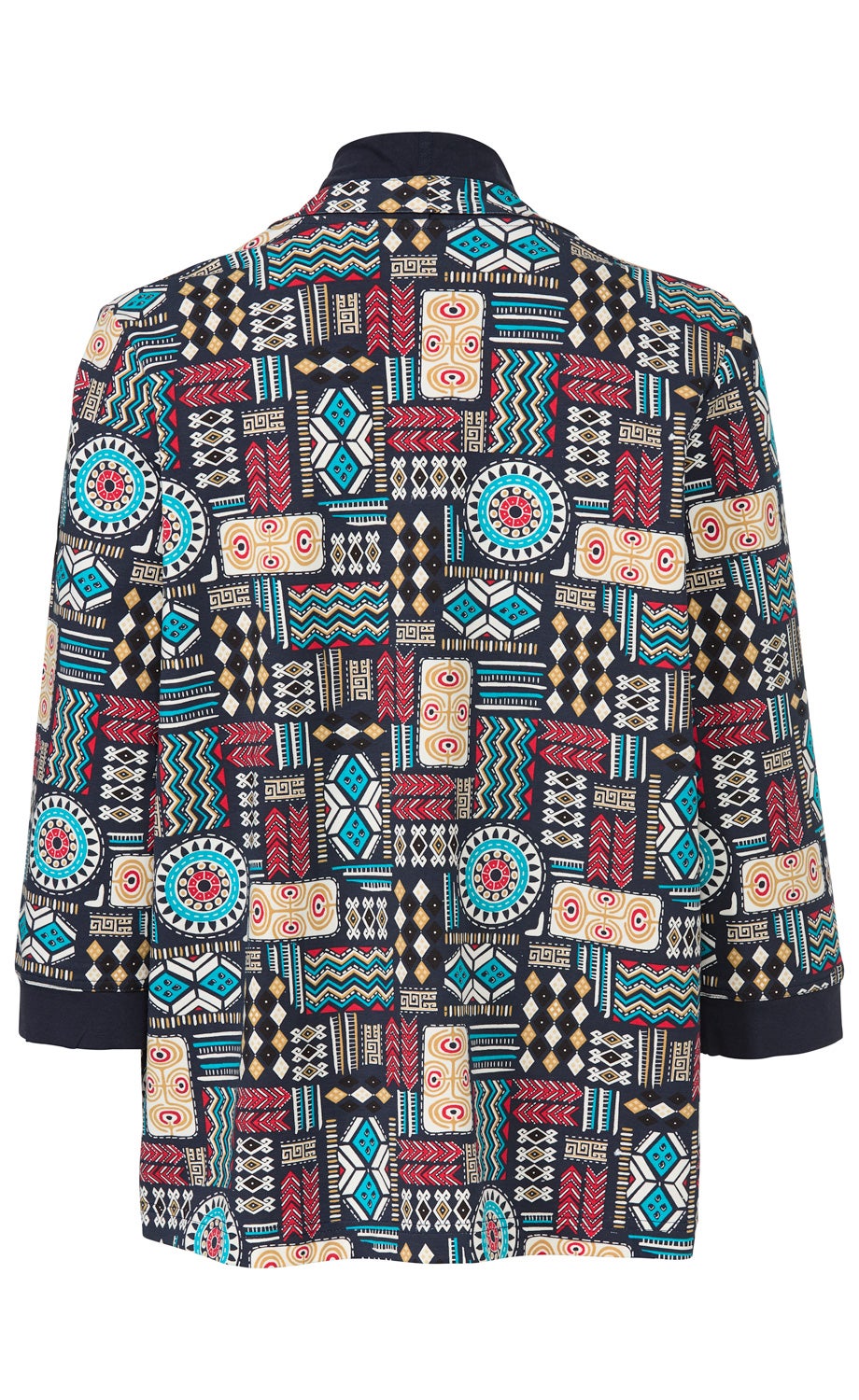 Baumwoll-Jacke Rückansicht mit dreiviertellangen Ärmeln, dunkelblauem Grund und buntem grafischem Muster in Rot, Beige, Türkis und Weiß, mit kontrastierendem dunkelblauem Kragen und Ärmelabschlüssen.