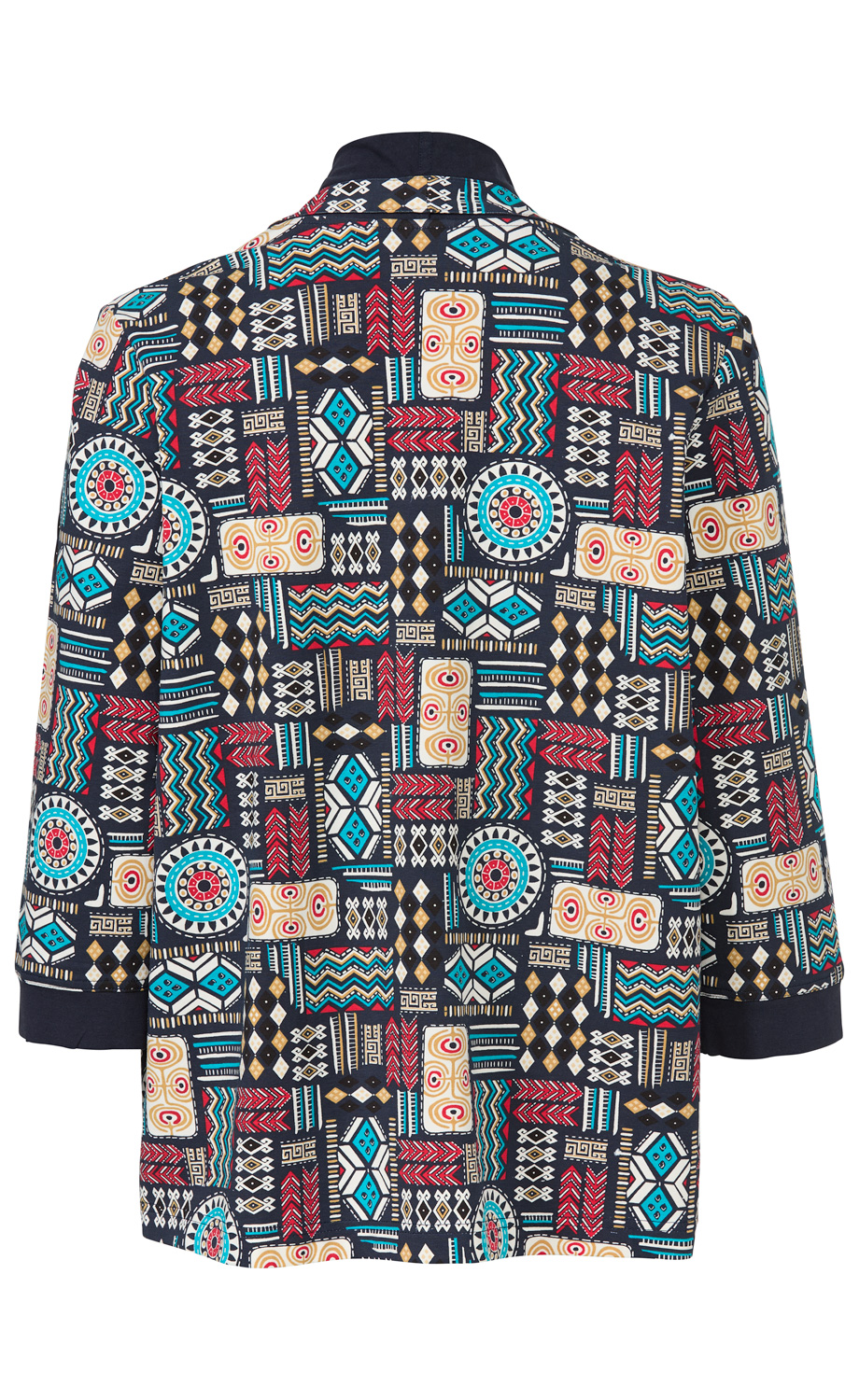 Baumwoll-Jacke Rückansicht mit dreiviertellangen Ärmeln, dunkelblauem Grund und buntem grafischem Muster in Rot, Beige, Türkis und Weiß, mit kontrastierendem dunkelblauem Kragen und Ärmelabschlüssen.