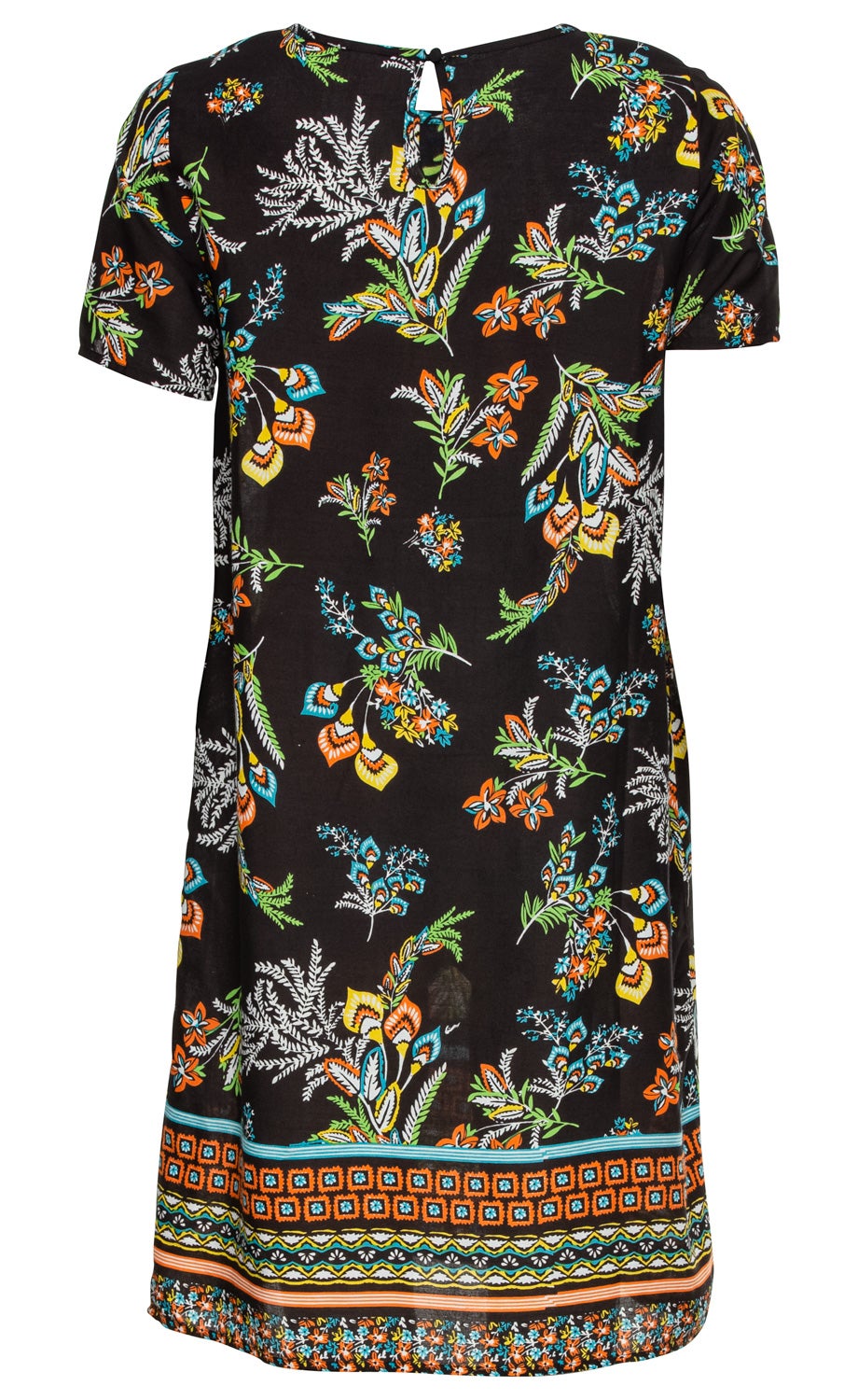 Schwarzes Modal-Kleid mit kurzem Arm, floralem Muster in Orange, Blau, Gelb und Grün, Rückenausschnitt mit Schlaufe, bunte gemusterte Saumkante in geometrischem Design.