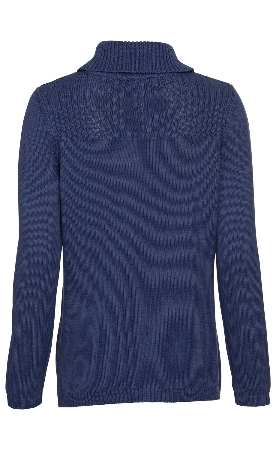 Baumwoll-Mix-Pullover in Dunkelblau, Rückansicht, langärmlig, gerippter Stehkragen, gerippte Details am oberen Rücken, gerade geschnitten mit geripptem Saum und Bündchen.