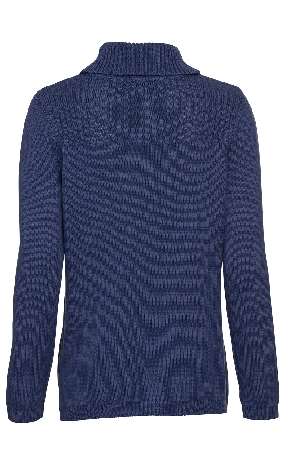 Baumwoll-Mix-Pullover in Dunkelblau, Rückansicht, langärmlig, gerippter Stehkragen, gerippte Details am oberen Rücken, gerade geschnitten mit geripptem Saum und Bündchen.