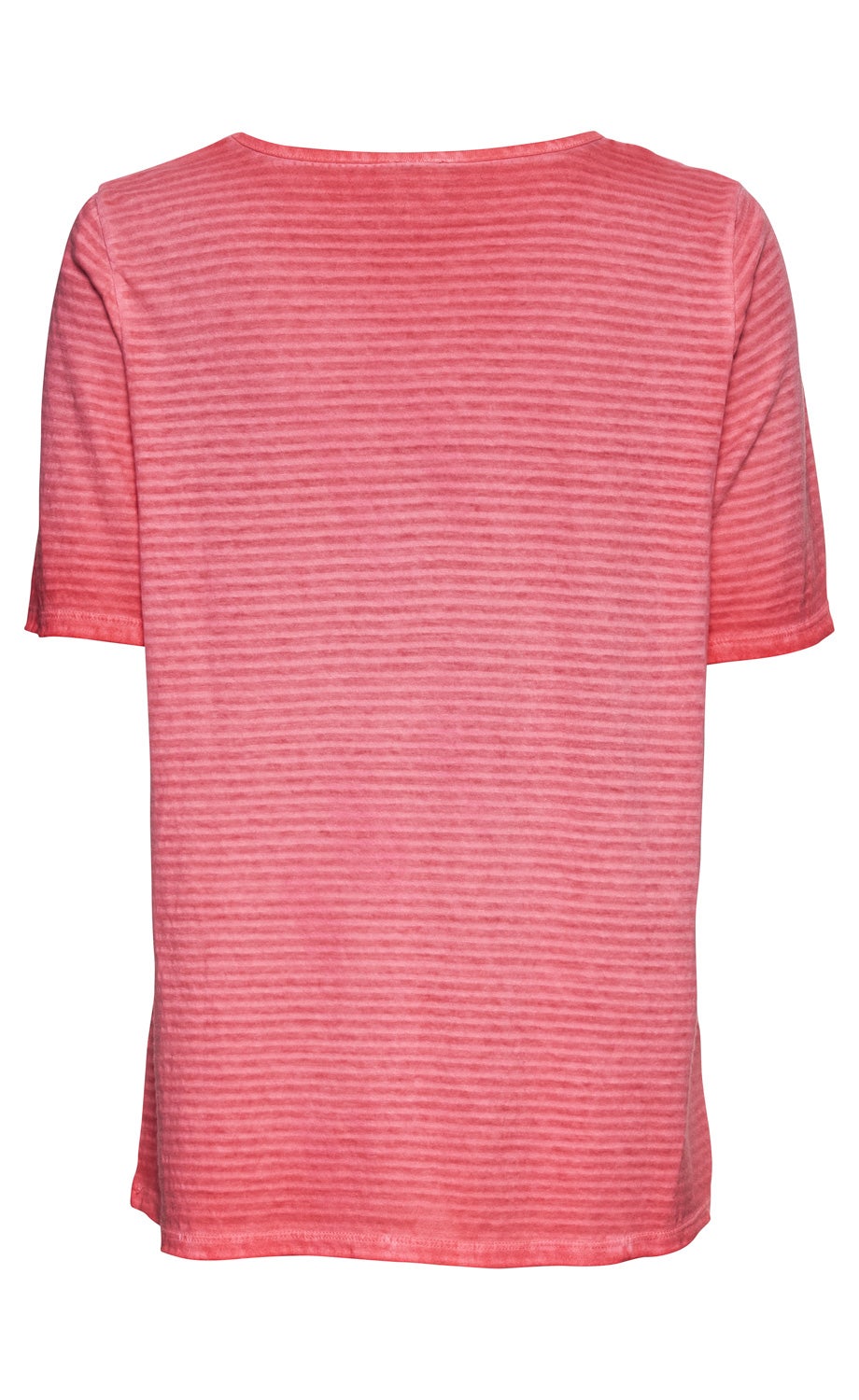 Rückansicht eines roten Baumwoll-Mix-Shirts mit feinen horizontalen Streifen, kurzen Ärmeln und rundem Ausschnitt, schlicht und leicht strukturiert.