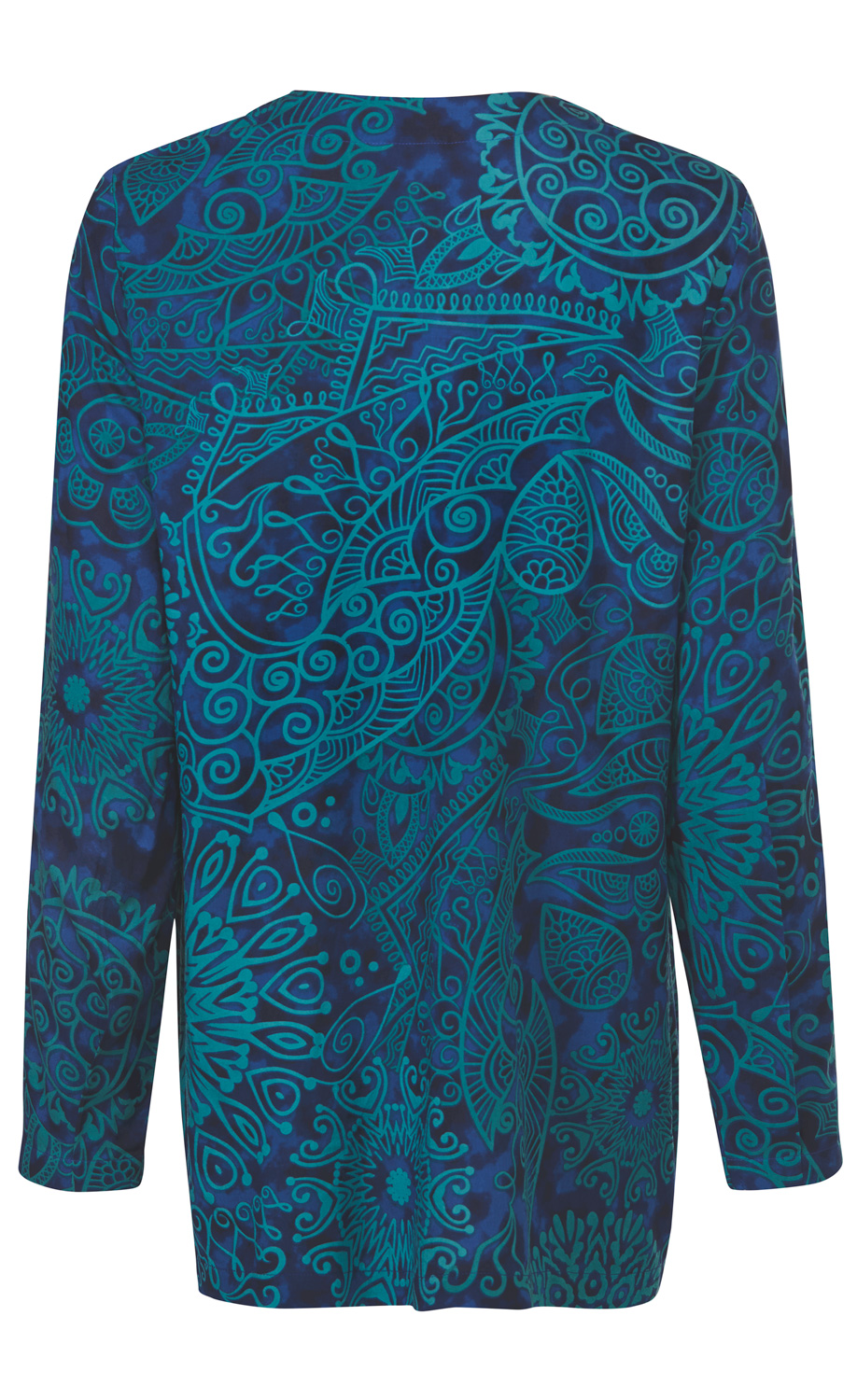 Damen Viskose-Bluse, Rückansicht, langärmlig, dunkelblauer Grundton mit türkisfarbenem abstraktem Paisley-Muster, locker fallender Schnitt, gerader Saumabschluss