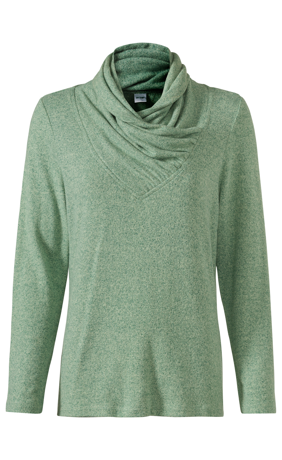 Langärmeliges Viskose-Mix-Shirt in hellem Grün mit weitem, drapiertem Kragen und leicht tailliertem Schnitt, unifarben und aus weichem Material gefertigt.