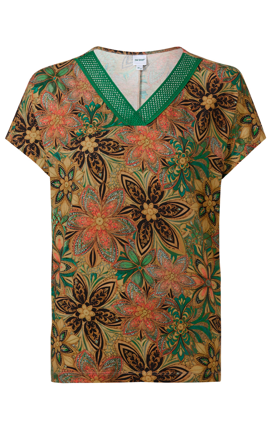 Viskose-Mix-Shirt mit buntem Blumenmuster in Erdtönen, Grün, Rot und Schwarz, kurzer Ärmel, V-Ausschnitt mit grünem Netzbesatz, gerade Passform, leicht glänzendes Material