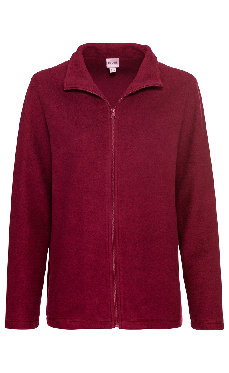 rote Baumwoll-Fleece-Jacke mit durchgehendem Reißverschluss, Stehkragen und langen Ärmeln, schlichtes und warmes Design, Vorderansicht auf weißem Hintergrund