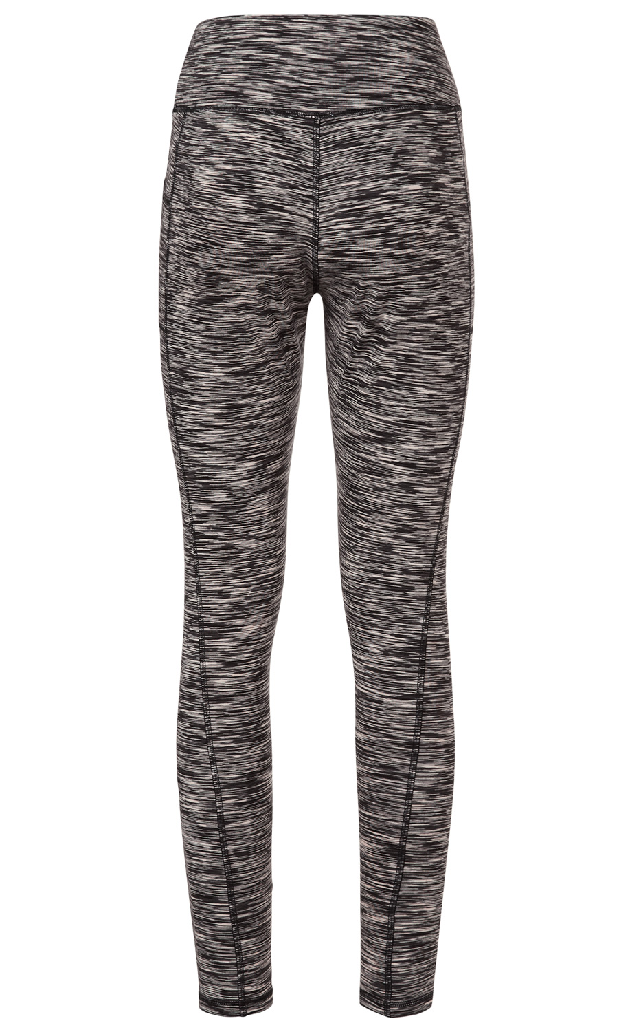 Baumwoll-Hose in Schwarz-Weiß meliert, eng anliegend, mit hohem Bund und sichtbaren Nähten, lange Beine, sportlich und elastisch wirkendes Material.